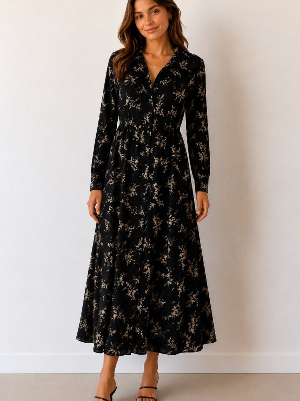 Sweet Baby Jamie Dress Size 4 Black Floral Button Front Midi Shirt Dress